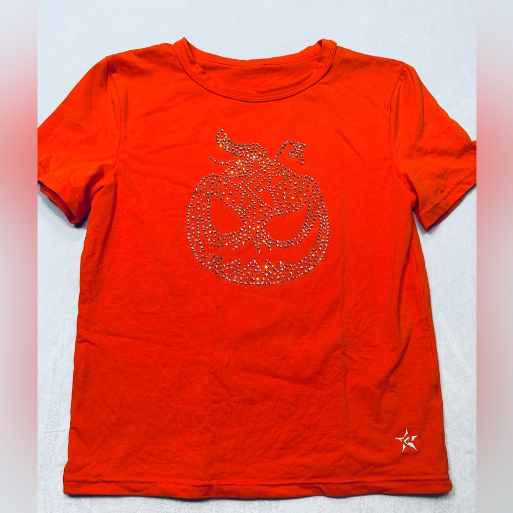 Rebel Athletic Kids Orange Rhinestone Pumpkin Halloween Cheer T-Shirt YM